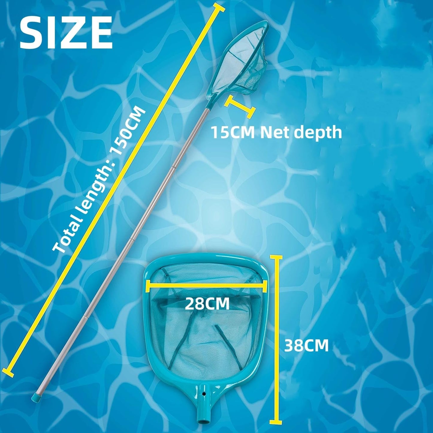 KAHEIGN 150CM Pool Skimmer Net with Pole, Swimming Pool Leaf Cleaning Net Fine Mesh Skimmer with 4 Aluminum Poles for Cleaning Pool Garden Pond Fountain Tubs Spa Fish Tank