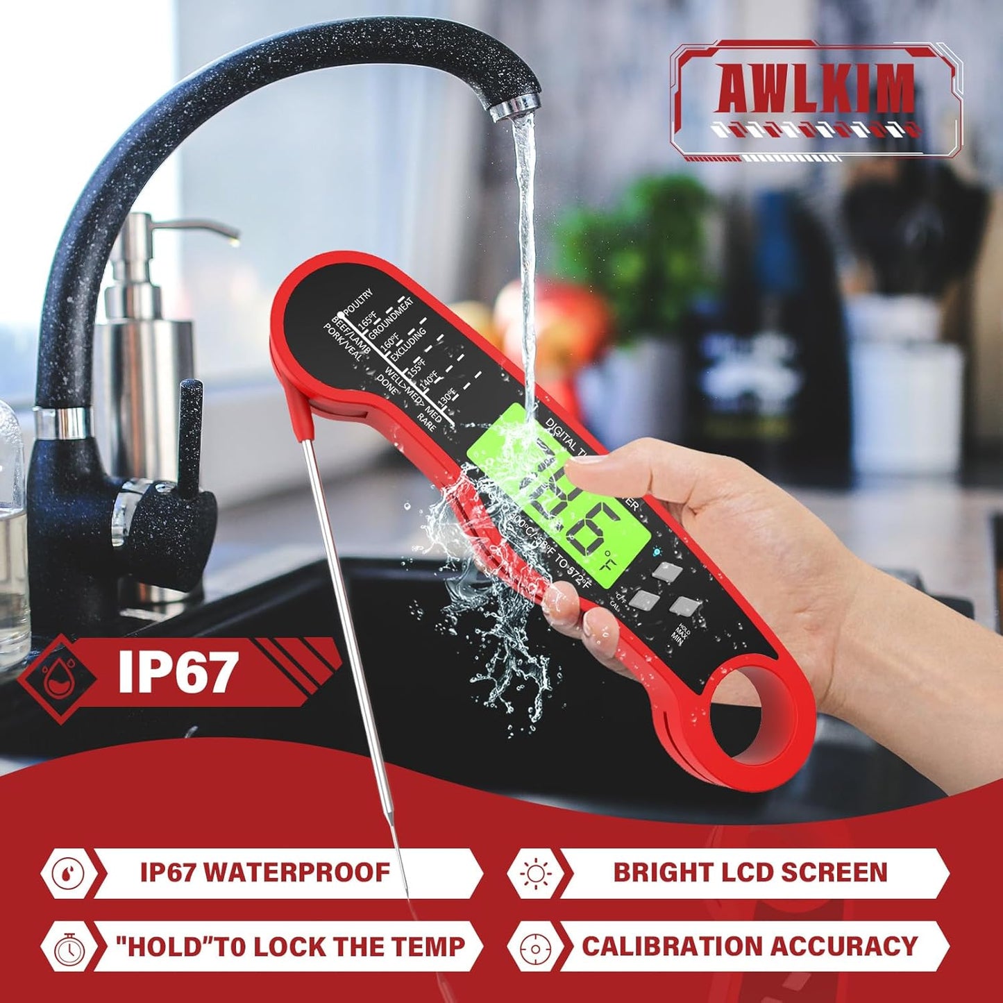 AWLKIM® Instant Read Meat Thermometer for Grill and Cooking - Waterproof Fast Food Thermometer with Backlight, Digital Food Probe for Kitchen Cooking, Candy Making, Outside Gril