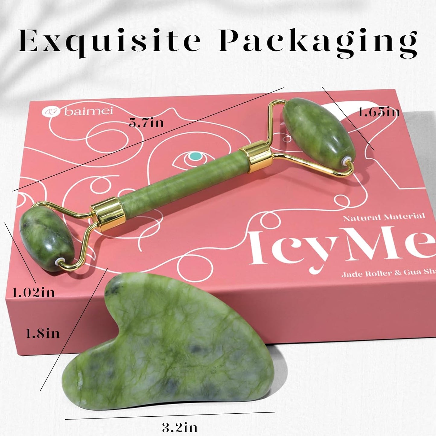 BAIMEI Gua Sha Set and Jade Roller, Jade Gua Sha & Face Rollers for Women, Self Care Gifts for Women, Body Muscle Relaxing, Improve Eye Puffiness, Skin Care Gift