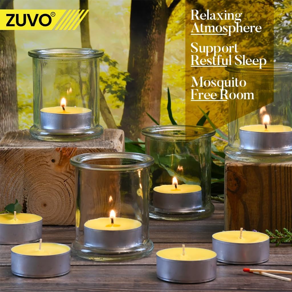 Zuvo Citronella Tealights - Pack of 25, 4-Hour Burn Scented Candles for Indoor & Outdoor Use, Insect-Repellent Tea Lights for Patio, Garden & Home, Yellow [Energy Class A++]