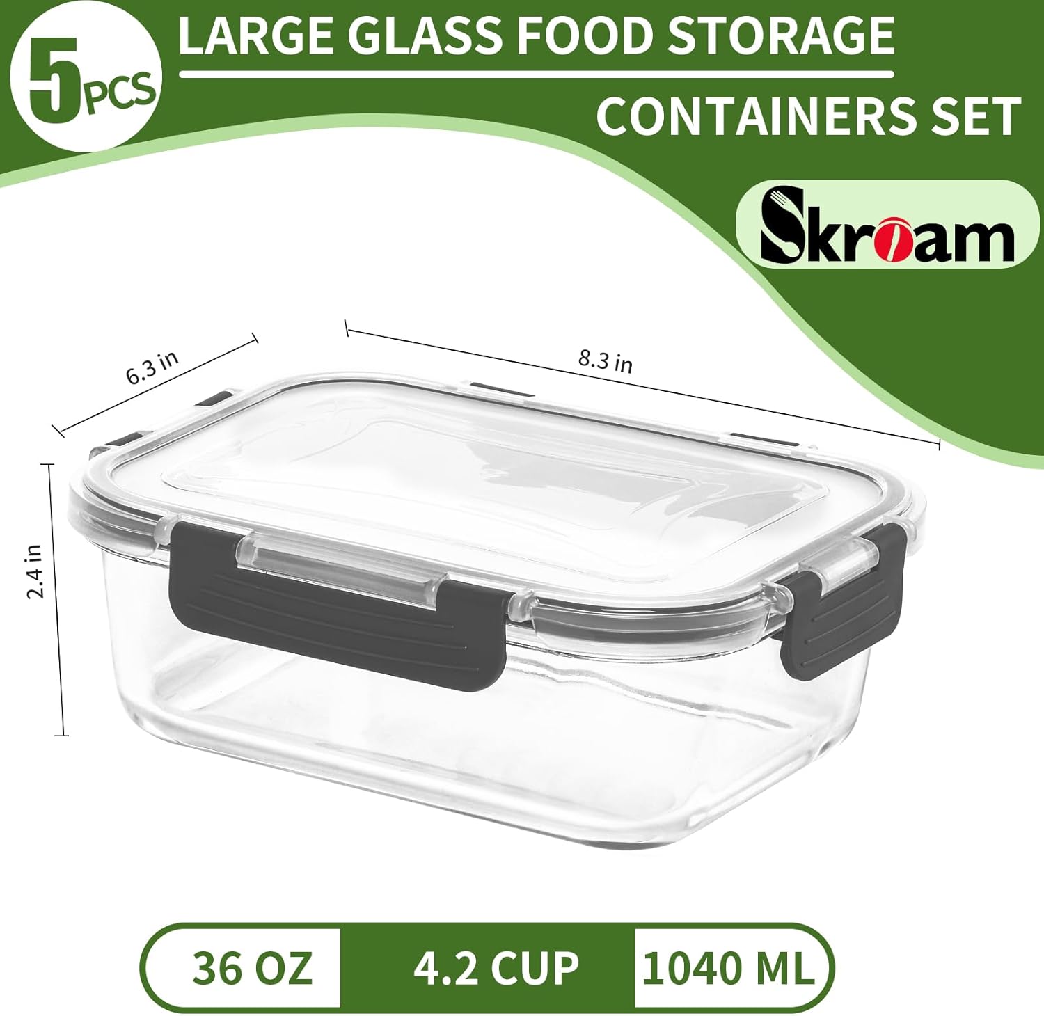 Skroam 5-Packs 36OZ Glass Food Storage Containers with Lids Airtight, Glass Meal Prep Container for Lunch, Pantry Organizers and Storage, Glass Lunch Boxes for Freezer to Oven Safe, Leak Proof