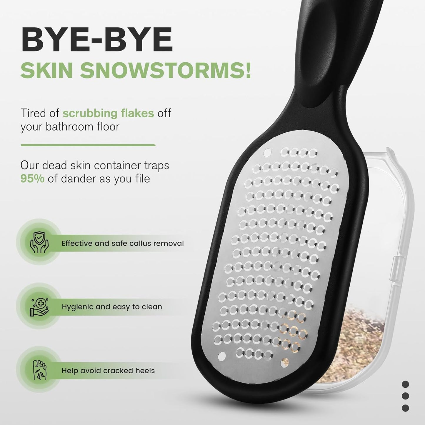 FERYES Foot File Callus Remover with Dead Skin Catcher – The Genius Foot Scrubber for Mess-Free Pedicures, Heel Scraper for Cracked Heel Treatment, Wet & Dry Use Feet Rasp - Black