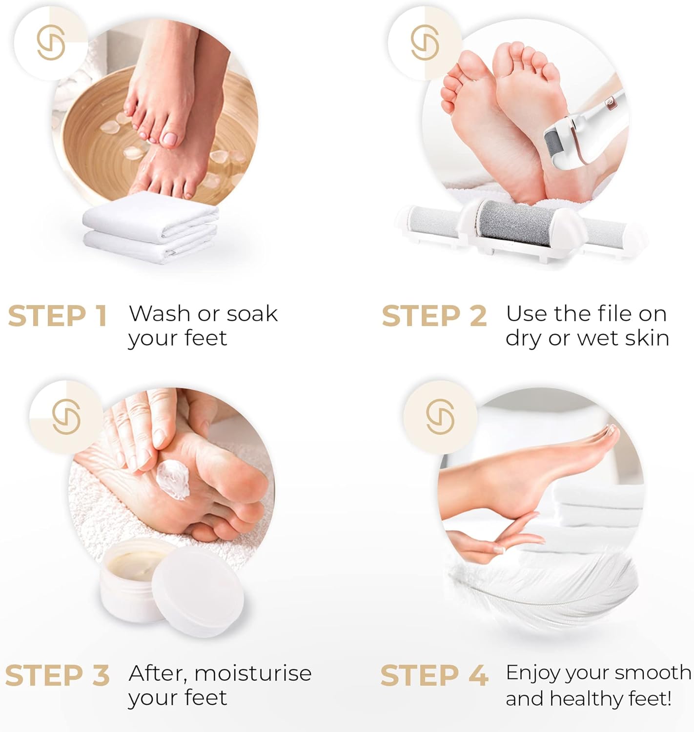 Essy Electric Foot File with 5 Replacement Rollers – Pedicure Tool for Smooth Feet, Ideal for Dry and Rough Skin Care (White)