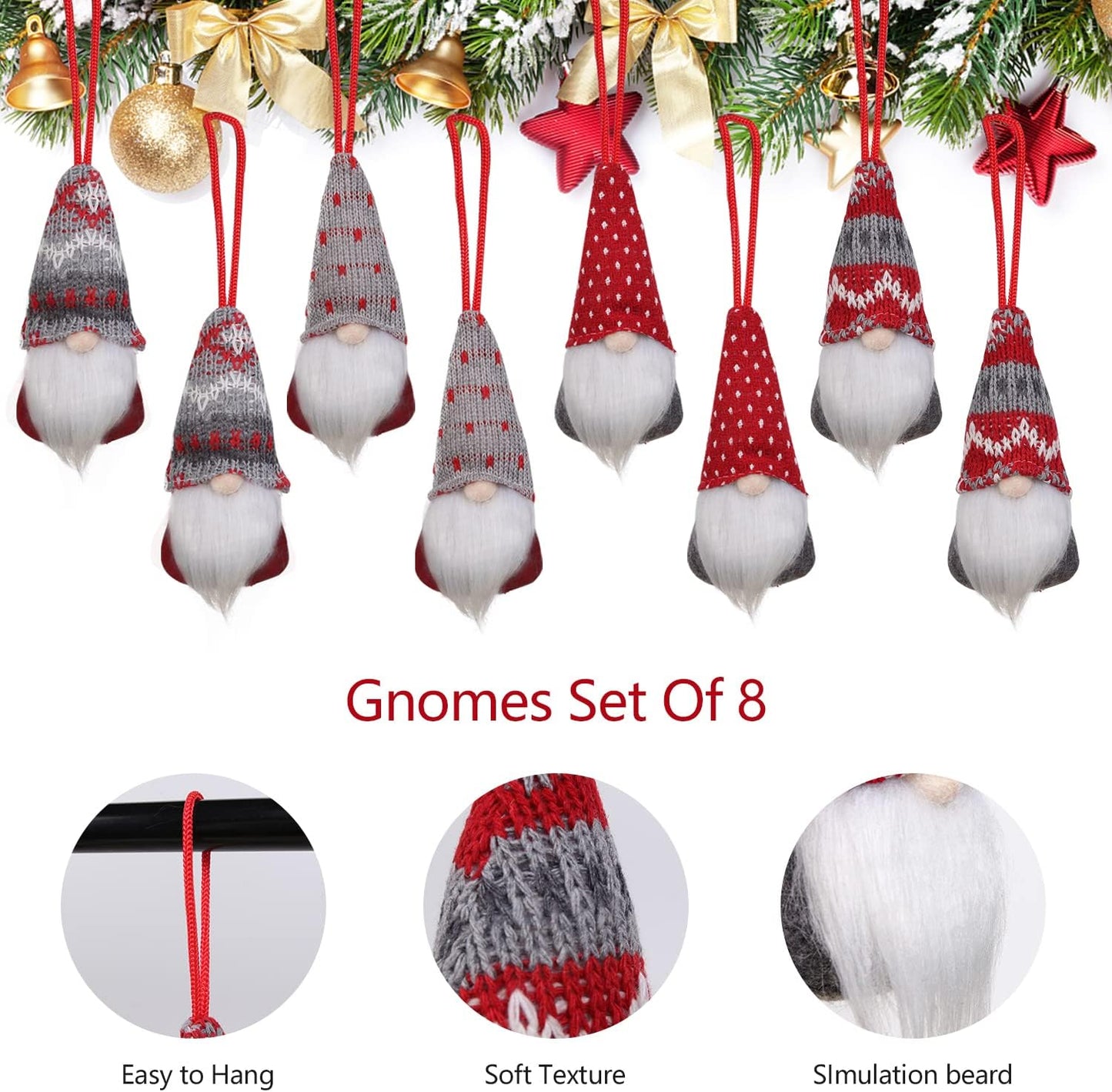 Christmas Gnomes Hanging Ornaments Set of 8, Swedish Gnome Handmade Plush Santa Elves Christmas Tree Hanging Decorations Xmas Decorations