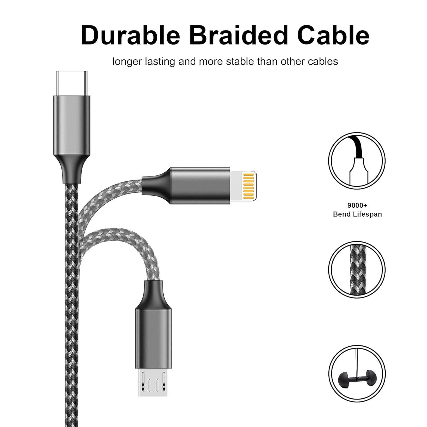 Multi Charger Cable, 4 in 1 Charger Cable [1.2M] Multiple USB Cable Nylon Braided with Lightning Cable Micro USB C Connector for iPhone 12/11/XS,Samsung S20 S10 S9 S8,Huawei,Nexus,Nokia -Grey