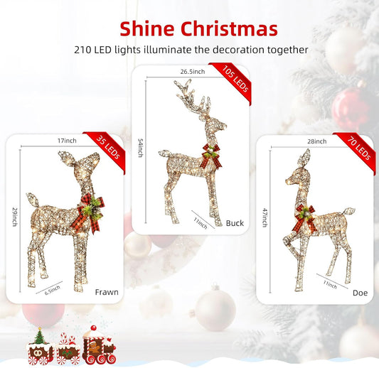 HOYECHI Lighted Christmas Decoration Deer 3 Piece, Light up Christmas Decor Reindeer Family Set for Indoor Outdoor Front Yard Porch with LED Lights, Plug, Extension Cord, Ground Stakes - Brown