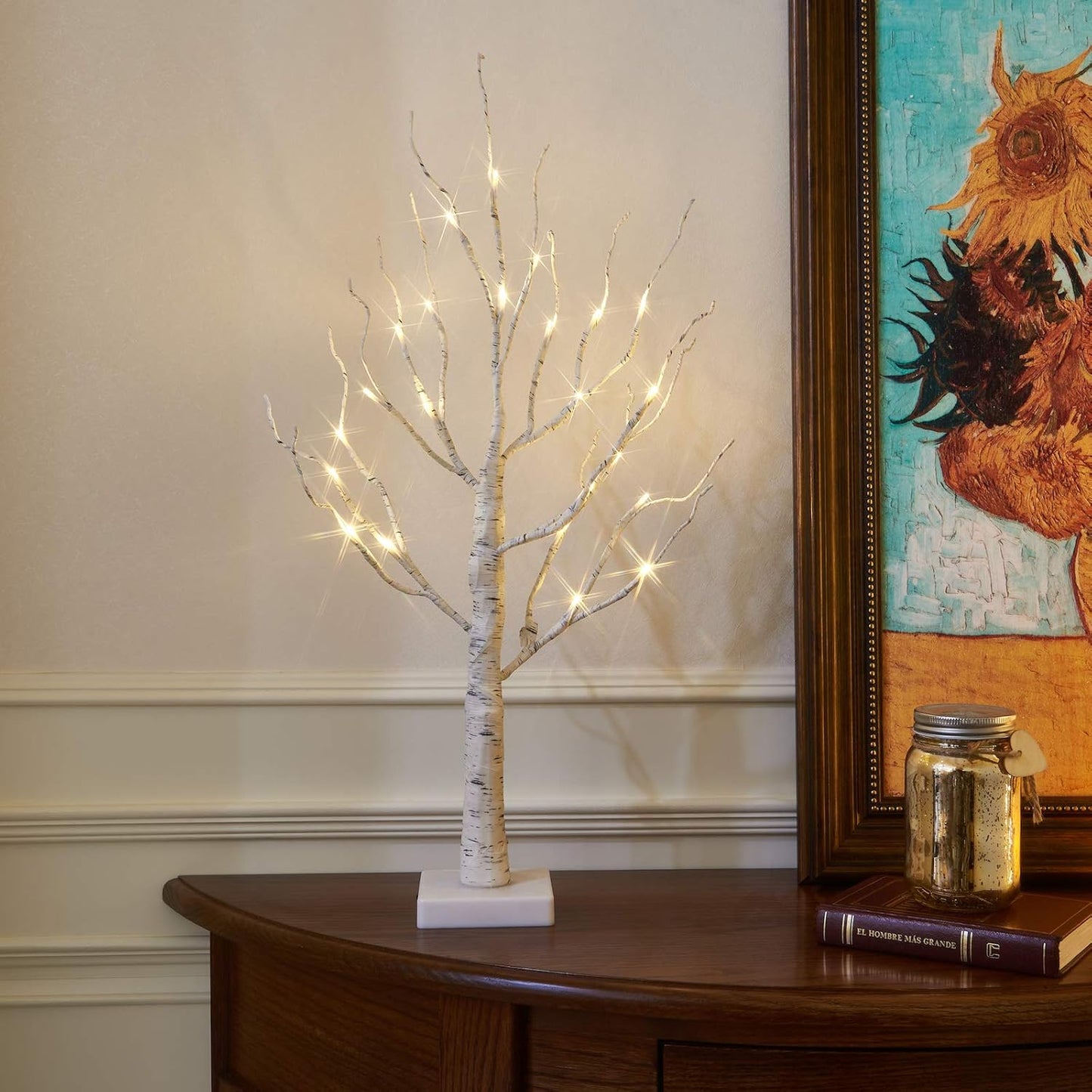 EAMBRITE White Christmas Tree with Lights Mini Birch Twig Tree Ornament with 24 Warm White LEDs Battery Operated Tabletop Decoration for Christmas Home Party Wedding