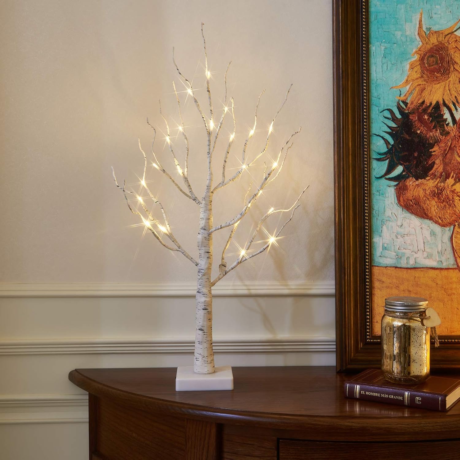 EAMBRITE White Christmas Tree with Lights Mini Birch Twig Tree Ornament with 24 Warm White LEDs Battery Operated Tabletop Decoration for Christmas Home Party Wedding