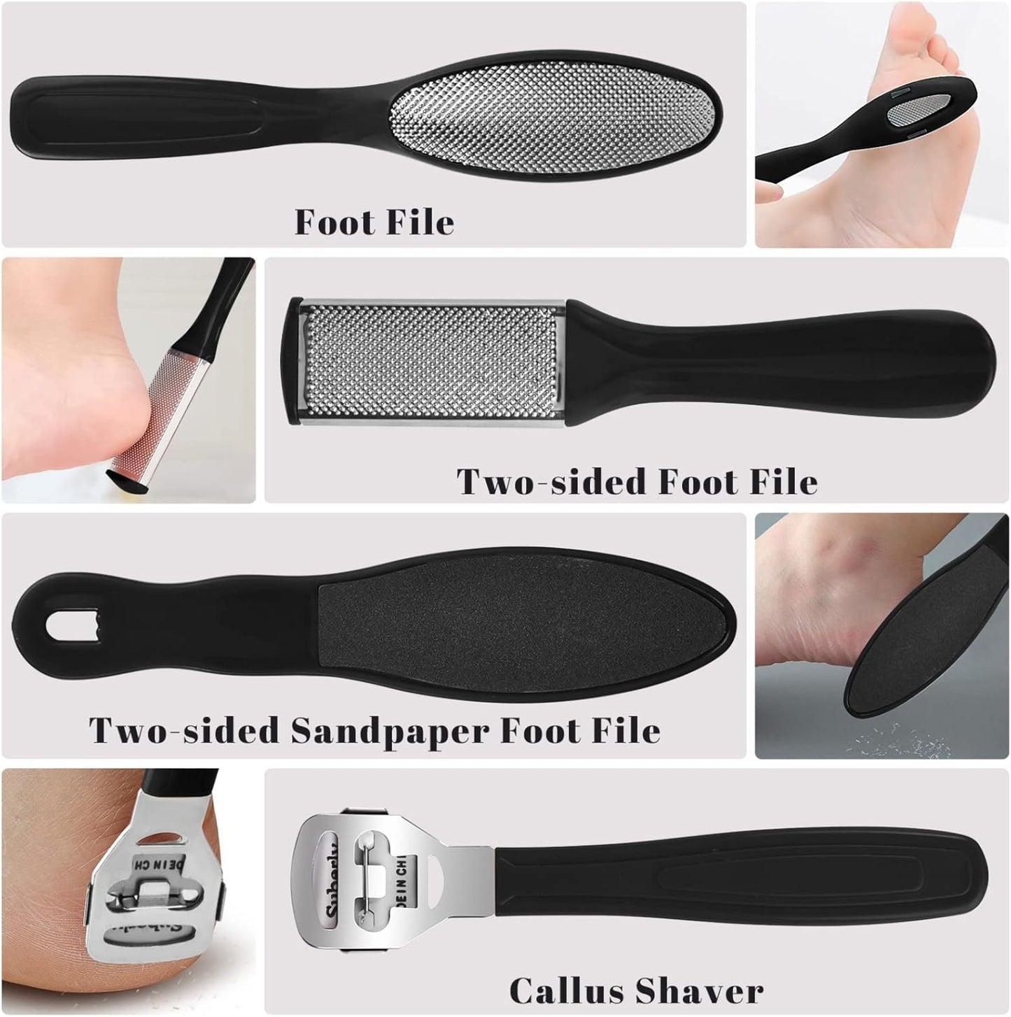 Foot File Pedicure Set, 30 in 1 Foot Files Foot Care Scrubber Kit Hard Skin Remover Feet Scrub for Women Men Salon or Home(Black)