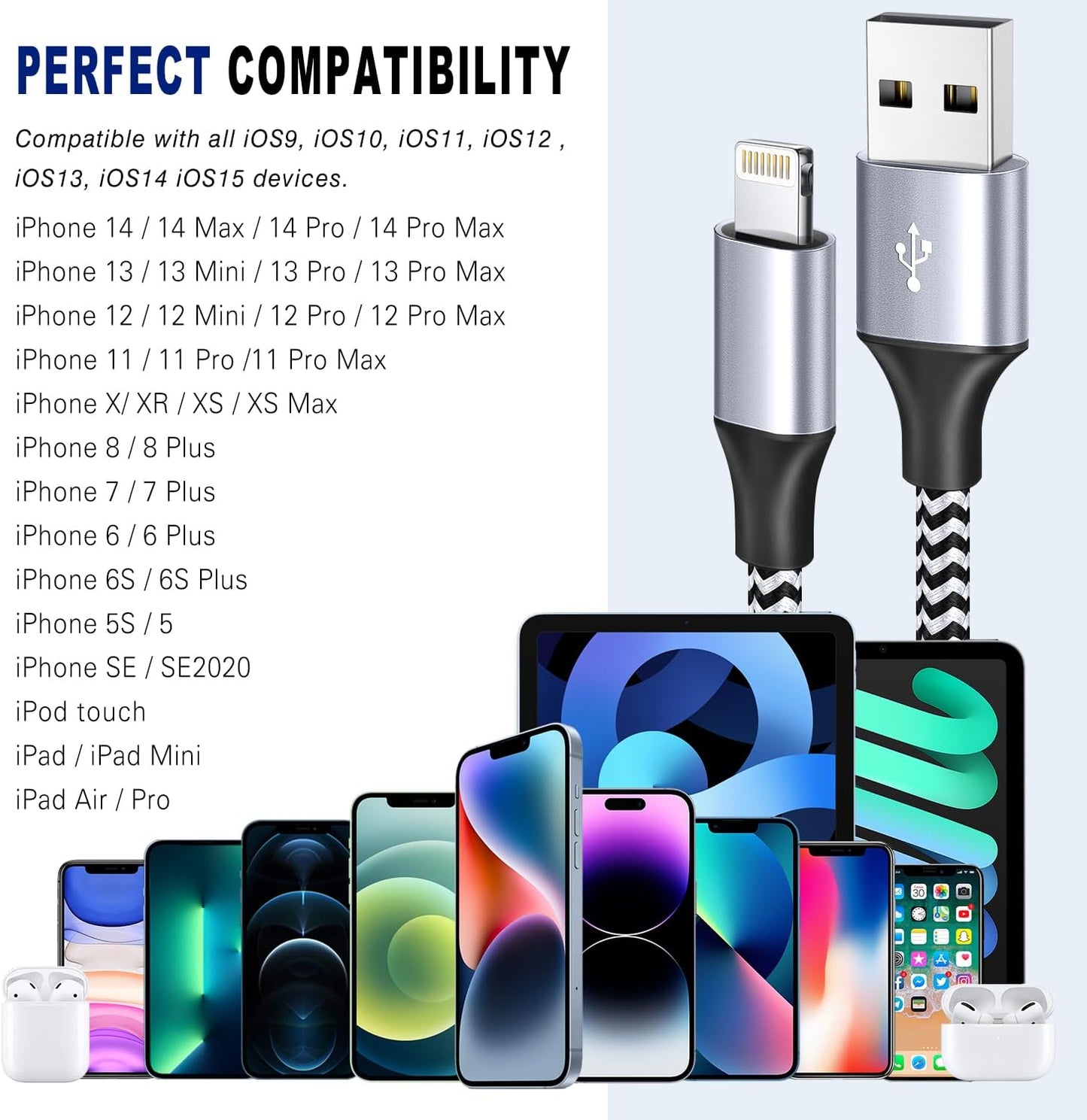 iPhone Charger Cable 1.8M 3Pack, Apple Charger MFi Certified Lightning Cable Nylon Braid iPhone Fast Charging cord Compatible With iPhone 14 13 12 11 XS XR X Pro Max Mini 8 7 6S 6 Plus 5S SE