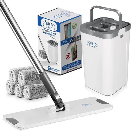 SqueezyPeasy Premium Flat Mop and Bucket Set - Separates Clean & Dirty Water - Compact & Lightweight - 3 Chamber Floor Cleaning System - 360 Rotating Head - 5 Microfibre Reusable Mop Pads Included
