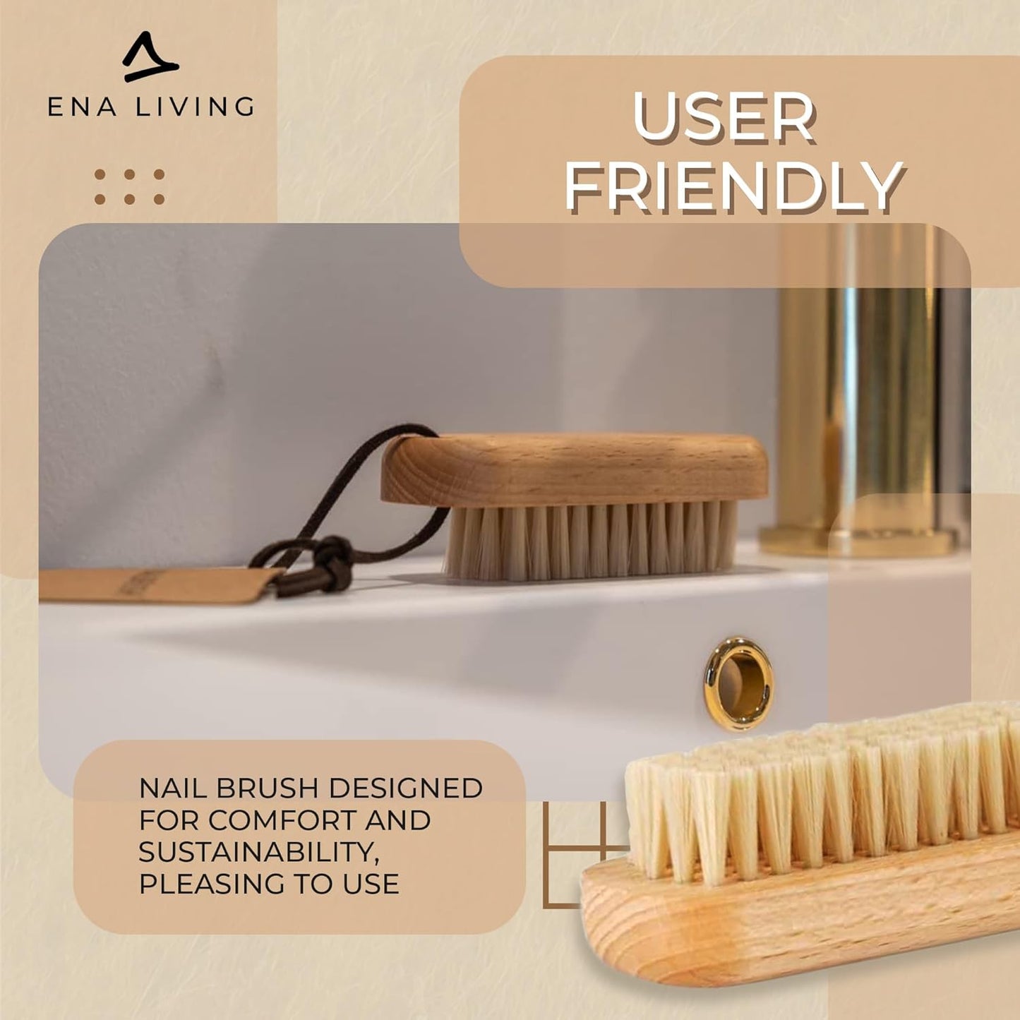 ENA Living Nail Brush (9.5x3.3 cm) Wooden Eco Nail Brush Sustainable Wooden Nail Brush Made From Beechwood Long Lasting and Sturdy Natural Nail Brush Cleaner