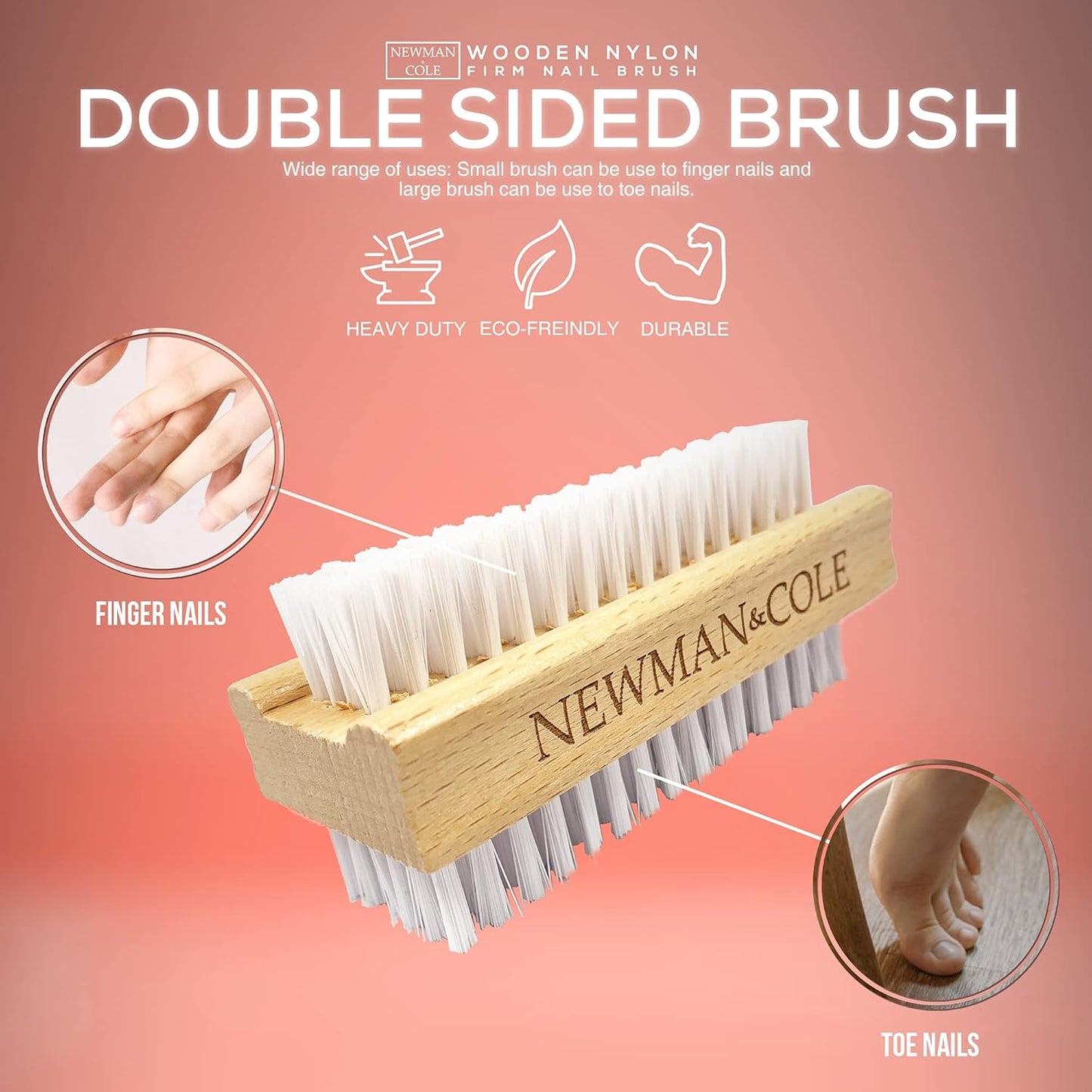 Wooden Nail Brush, Double-Sided Nail Scrubbing Brush with Firm Plastic Bristles (Set of 3)