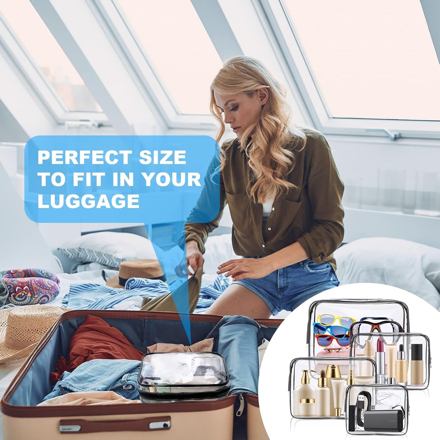 Aucuu 4-Pack Clear Wash & Makeup Bags TSA Approved Makeup Bags, PVC Waterproof Travel Wash Bags for Family, Men, Women (Largea, Medium, Small, Minimum)