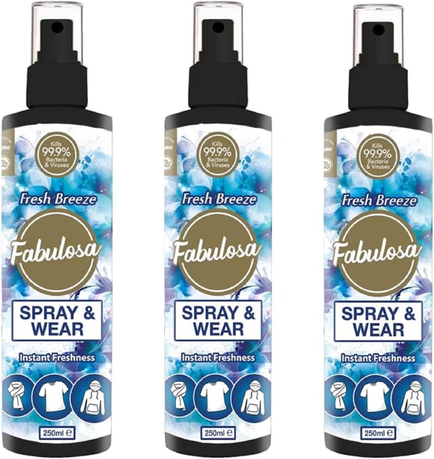 Fabulosa, Antibacterial Spray and Wear Dry Washing Fabric Clothes Freshener Spray Pack, Blue, 250ml, Fresh Breeze (Pack of 3)
