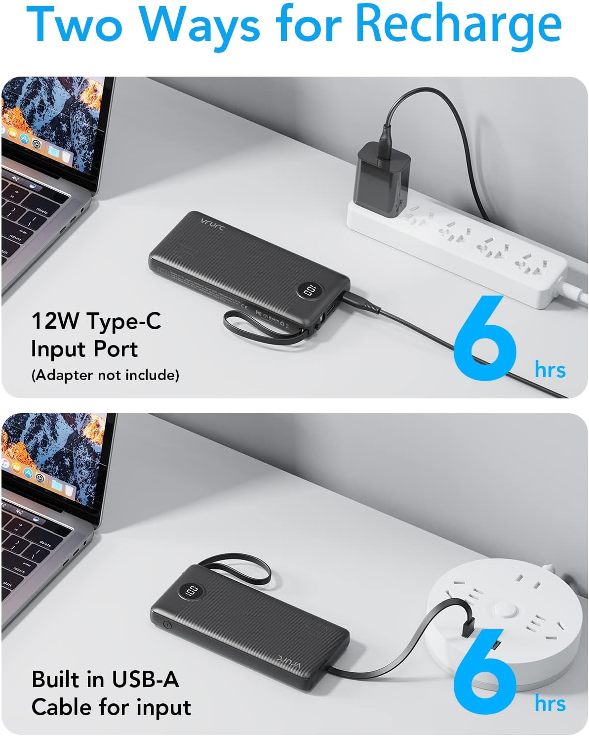 VRURC Portable Power Bank 10,000mAh with Built-In Cables – USB-C Portable Charger with 5 Outputs, 2 Inputs & LED Display – Compatible with iPhone 16/15/14, Samsung S21/S20, Xiaomi