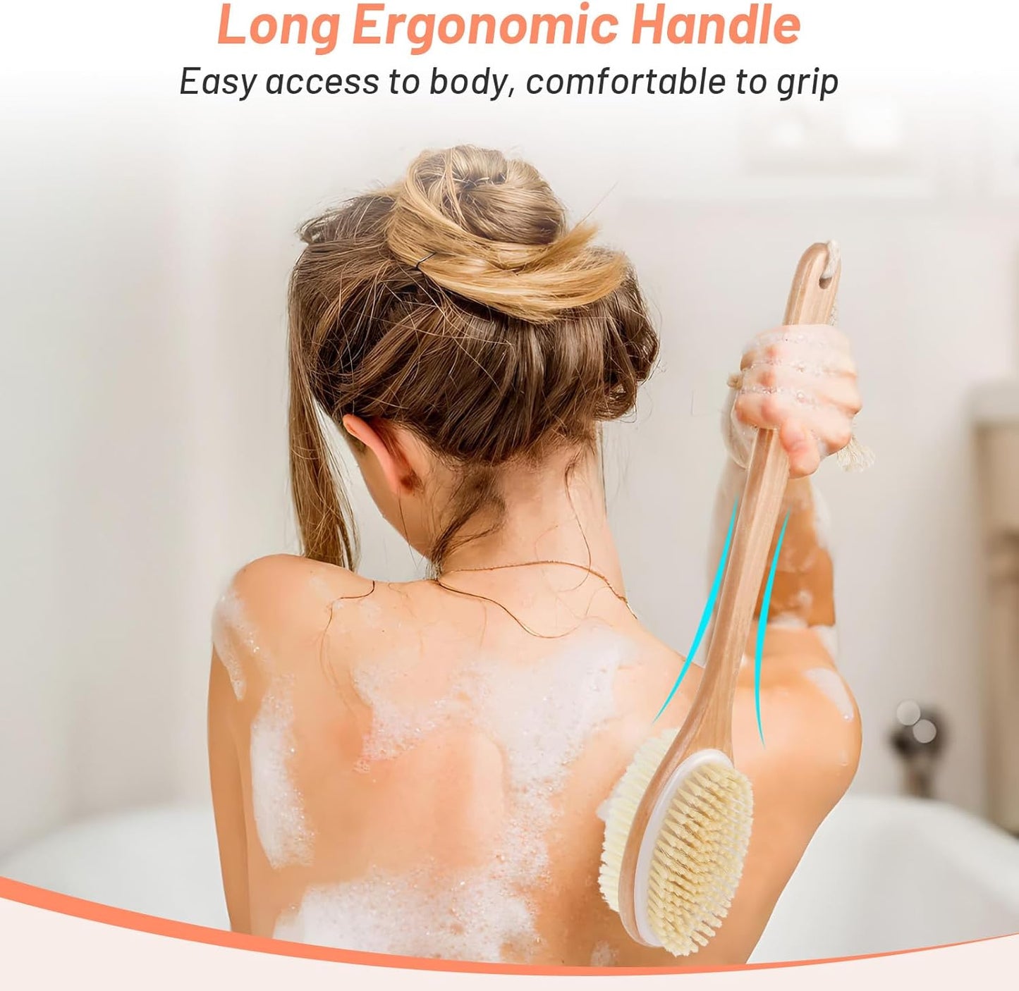 Alyvisun Wooden Back Scrubber for Shower with Long Handle, Dual-Sided Bath Brush Body Scrubber with Stiff and Soft Bristles, Exfoliating Body Brush [Dry and Wet Brushing]