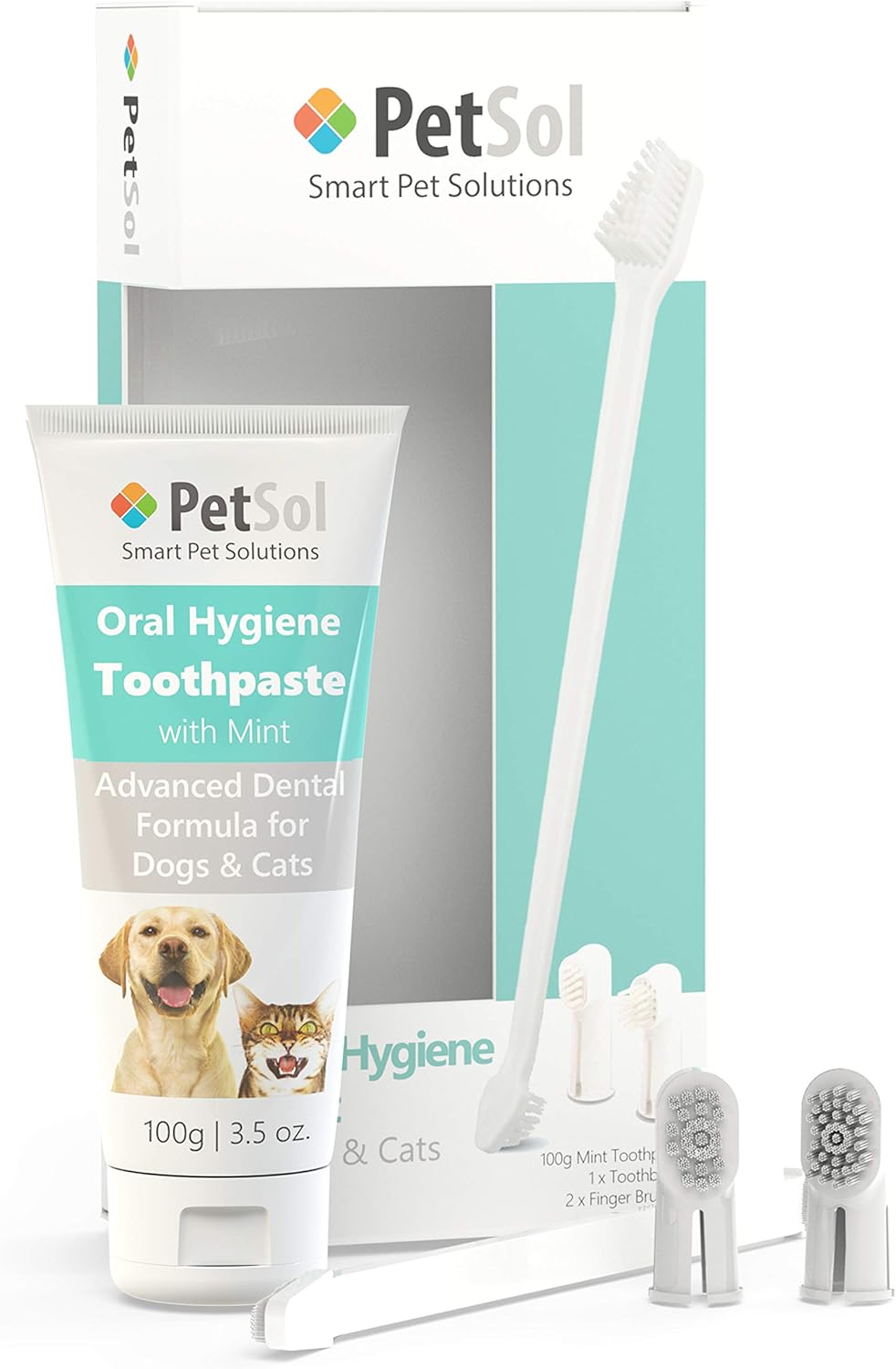 PetSol Dental Care Kit for Dogs & Cats Toothpaste (100g) with 3 x Toothbrushes to Clean Pet's Teeth, Remove Plaque and Tartar, Improve Gum and Tooth Health & Pet Oral Hygiene