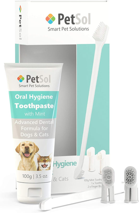 PetSol Dental Care Kit for Dogs & Cats Toothpaste (100g) with 3 x Toothbrushes to Clean Pet's Teeth, Remove Plaque and Tartar, Improve Gum and Tooth Health & Pet Oral Hygiene