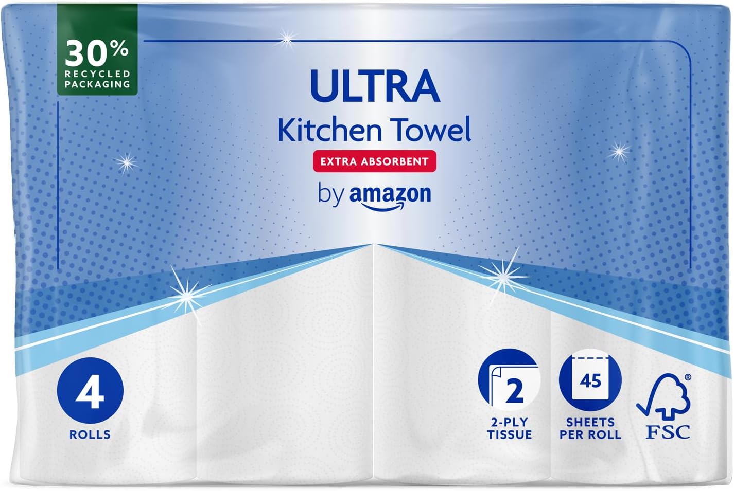 ULTRA Kitchen Roll, Extra Absorbent, 4 Rolls (Pack of 1), 45 Sheets per Roll, Wring and Reuse, FSC Certified