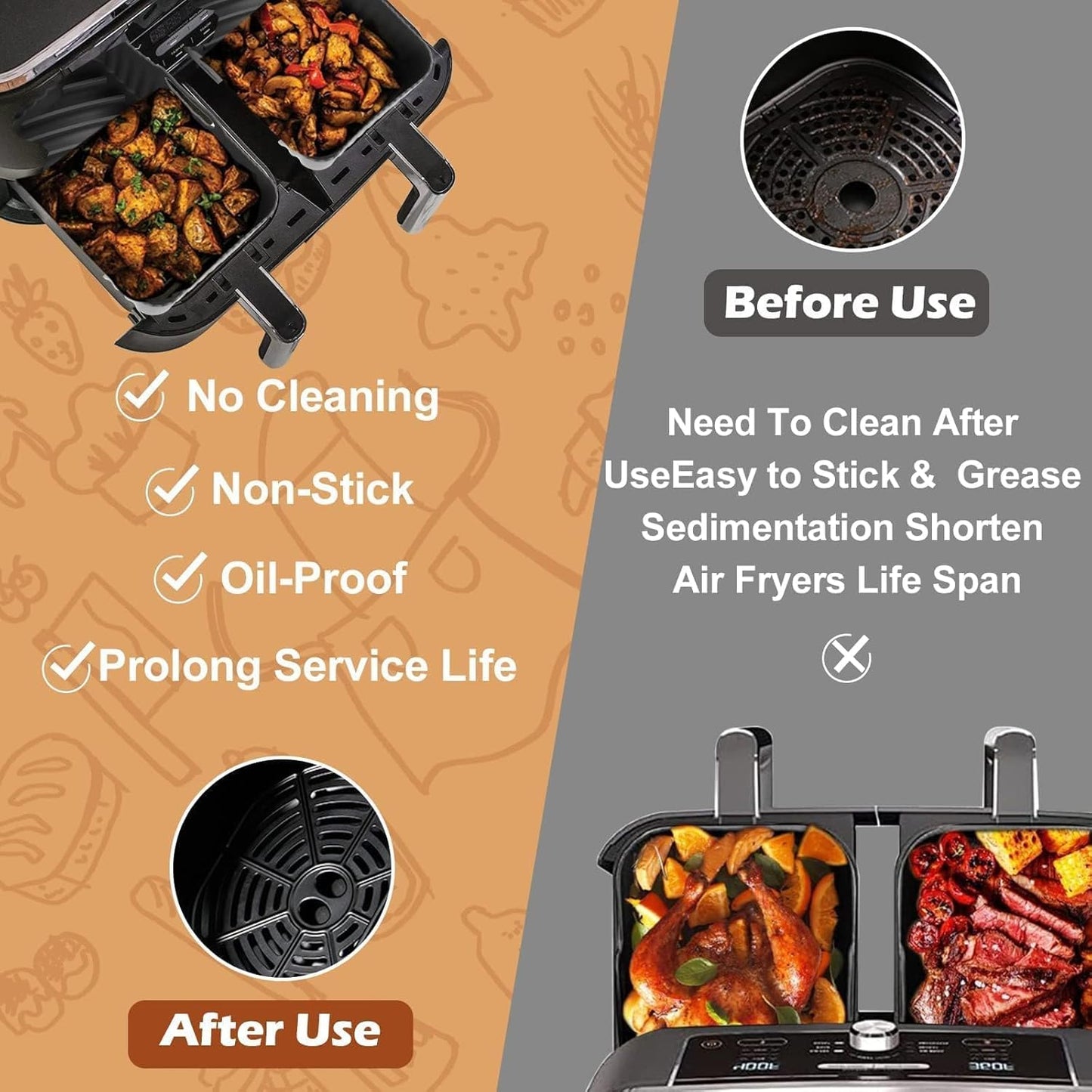 Silicone Air Fryer Liners for Ninja Foodi Air Fryer AF300UK, 2Pcs Ninja Foodi Dual Zone Air Fryer Accessories, Reusable Silicone Dual Basket Air Fryer Liner 7.6L