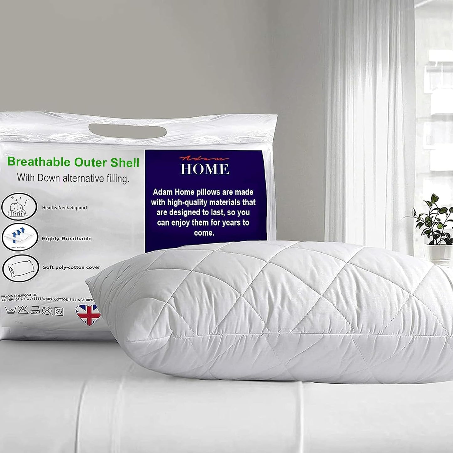 Adam Home Pillows 2 Pack Hotel Quality with Quilted Cover Hypoallergenic & Dust Mite Resistant Filling – Ideal for Stomach, Back and Side Sleepers Down Alternative Hotel Pillows
