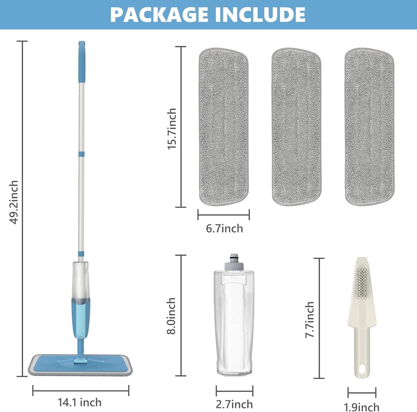 PAPCLEAN Microfibre Spray Mop with 3 Reusable Pads and Refillable Bottle, 360 Degree Spin Mop for Hardwood, Marble, Tile, Laminate, or Ceramic Floors - Cyan Blue