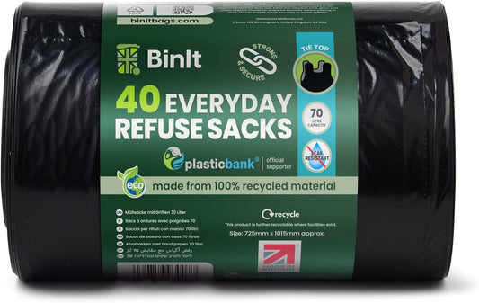 BIN IT 40 Tie Top, Everyday Refuse Sacks, Bin Bags, Bin Liners, 70 Litre, Recycled, Strong, Tear Resistant, 30 μm, Perfect for Every Day Use, Household, Office, Kitchen & Caterers