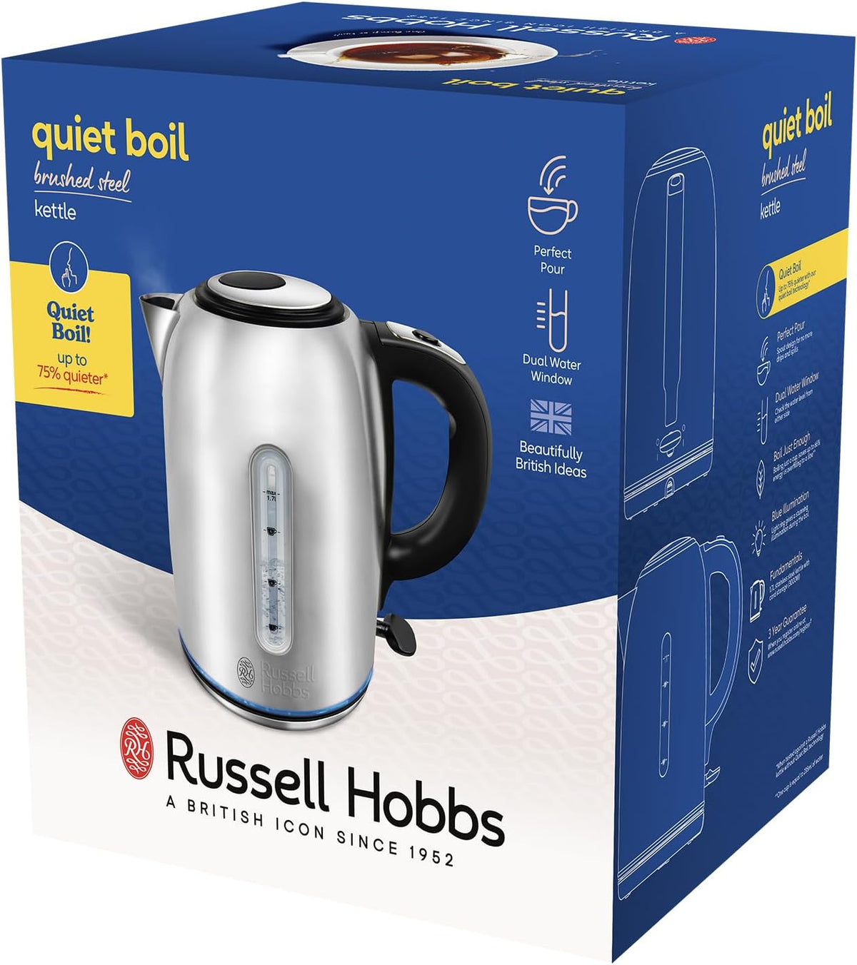 Russell Hobbs Brushed Stainless Steel Electric 1.7L Cordless Kettle (Q ...