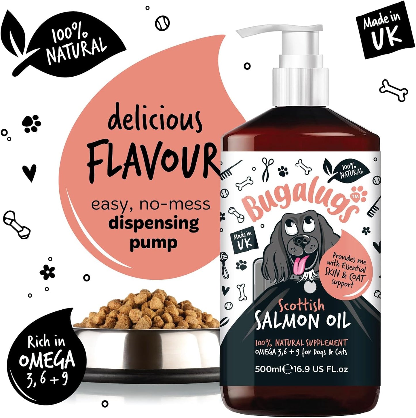 Bugalugs Scottish Salmon Oil For Dogs & Cats, Dog Supplement Support for Skin And Coat, Itchy Skin & Moulting, Omega 3 Fish Oil (Salmon, 500ml)