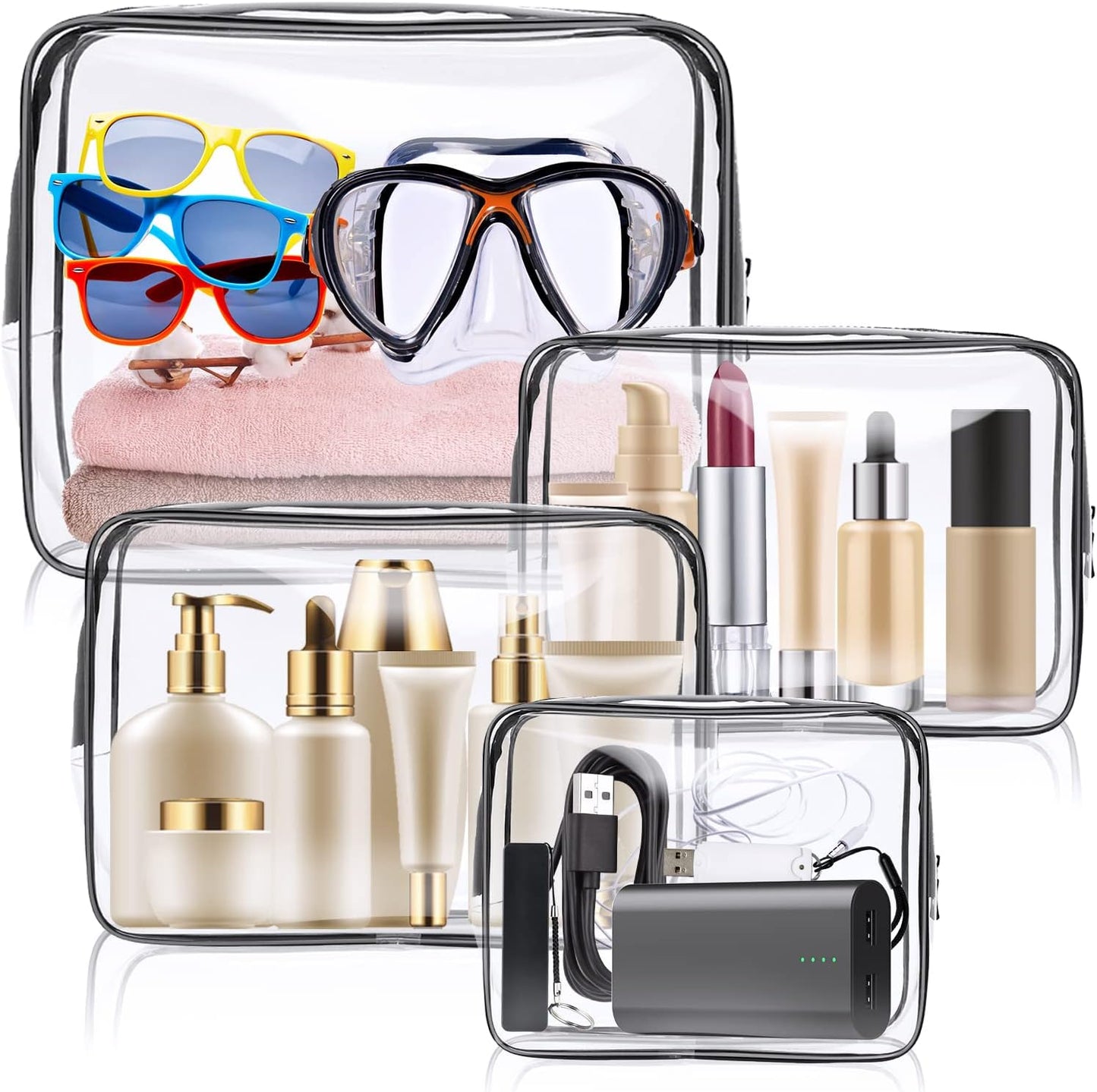 Aucuu 4-Pack Clear Wash & Makeup Bags TSA Approved Makeup Bags, PVC Waterproof Travel Wash Bags for Family, Men, Women (Largea, Medium, Small, Minimum)