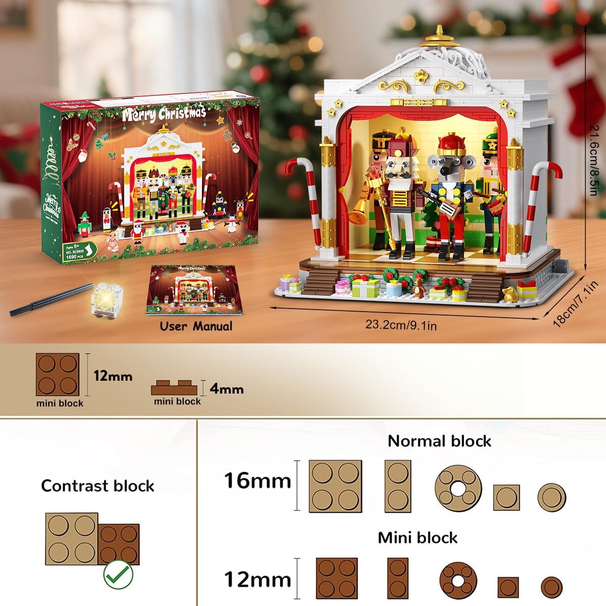 CUBIMANA 2025 Christmas Nutcracker Theater Building Set with Light, 3.6 Mini Building Block Toy with 4 Nutcrackers & 8 Minifigures, 1690PCS with Xmas Tree Train for Adult Girl Boy Age 12+