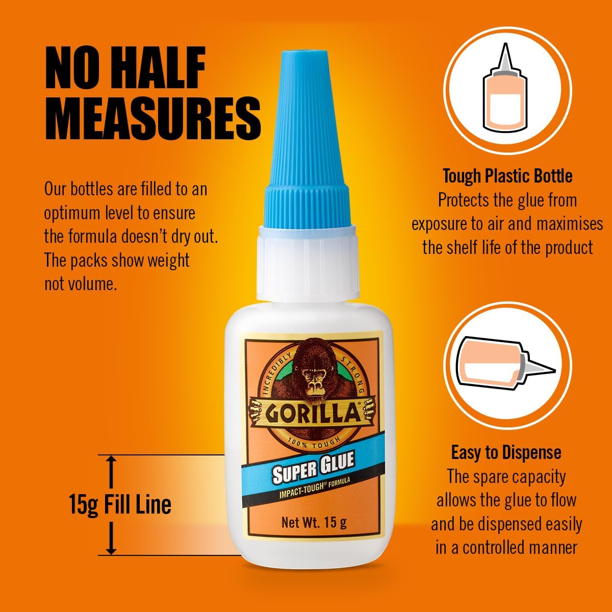 Gorilla Super Glue, 15g – All Purpose, Impact Tough & Fast Setting with Anti-Clog Cap Ideal for Metal, Ceramics, Leather & More
