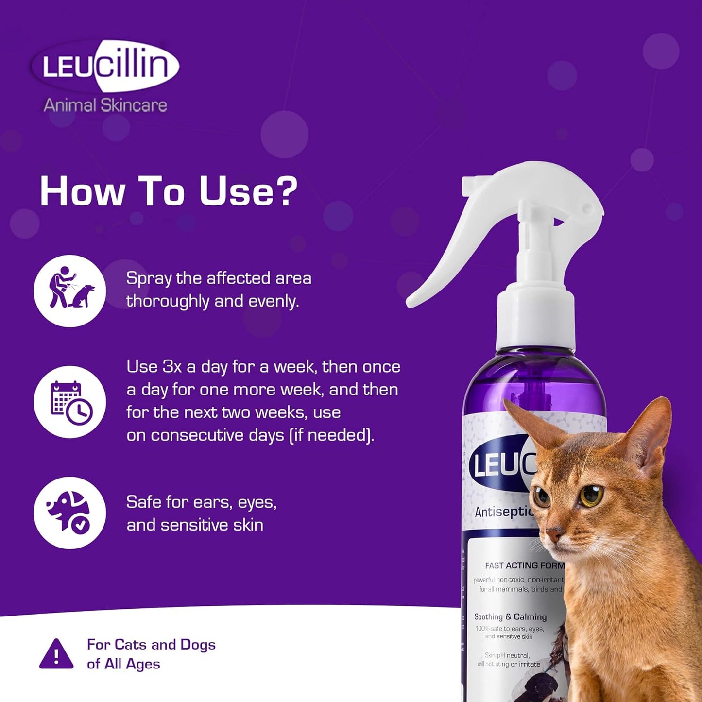 Leucillin Natural Antiseptic Spray - Antibacterial Antifungal Antiviral for Dogs Cats All Animals Itchy Skin Minor Wound Care and Skin Health | 150ml