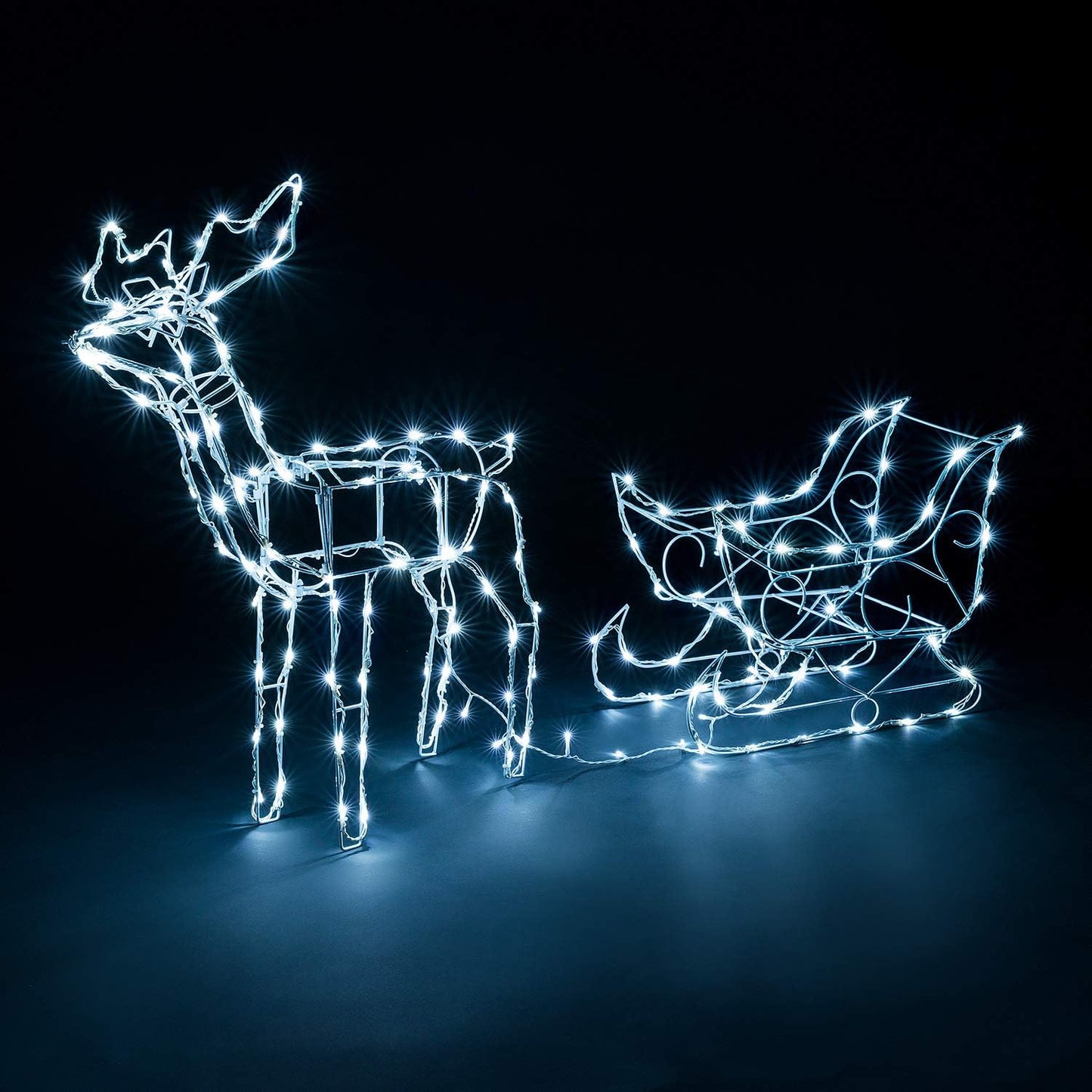 Christow Christmas Reindeer Sleigh Light Up Outdoor Decoration, Energy Efficient LED White Wire Flashing Garden Silhouette, Mains Powered
