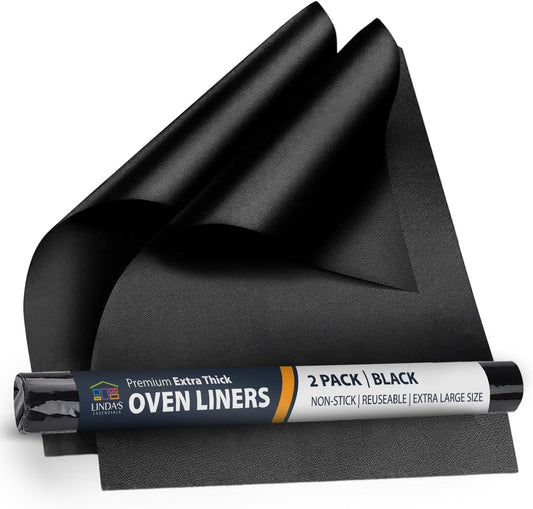 Oven Liners for Bottom of Oven (2 Pack) - Universal Non-Stick Liner for Fan Assisted Cooking, 32 x 50 cm Kitchen Essentials, Protector Sheets, Save Time & Clean Easily (Black)