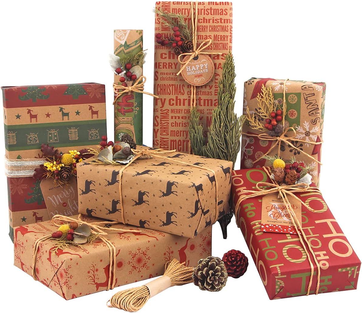 Christmas Wrapping Paper Set – 12 Folded Sheets 70x50cm Recycled Kraft Gift Wrap with 6 Vintage Designs, Includes 10m Jute String & 10 Gift Tags – Eco-Friendly Recyclable Xmas Paper