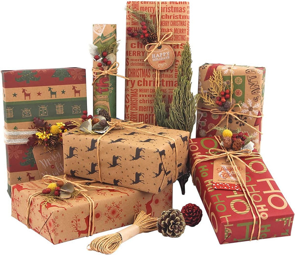 Christmas Wrapping Paper Set – 12 Folded Sheets 70x50cm Recycled Kraft Gift Wrap with 6 Vintage Designs, Includes 10m Jute String & 10 Gift Tags – Eco-Friendly Recyclable Xmas Paper