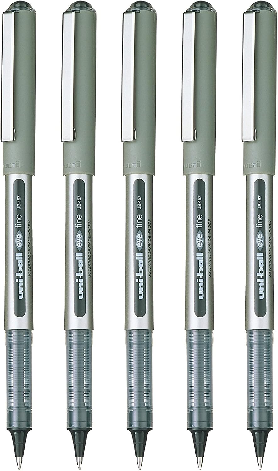 Uni-ball UB-157 Eye Black Rollerball Pens. Premium Fine 0.7mm Ballpoint Tip for Super Smooth Handwriting, Drawing, Art, Crafts and Colouring. Fade and Water Resistant Liquid Uni Super Ink. Pack of 5