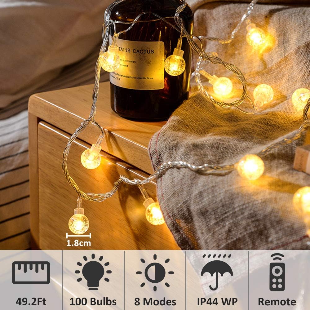 Zorela Globe Fairy Lights, 15M/49ft 100 LED Globe String Lights with Remote - USB or Battery Powered - 8 Modes - Outdoor Indoor String Fairy Lights for Christmas, Balcony, Gazebo, Garden, Camping