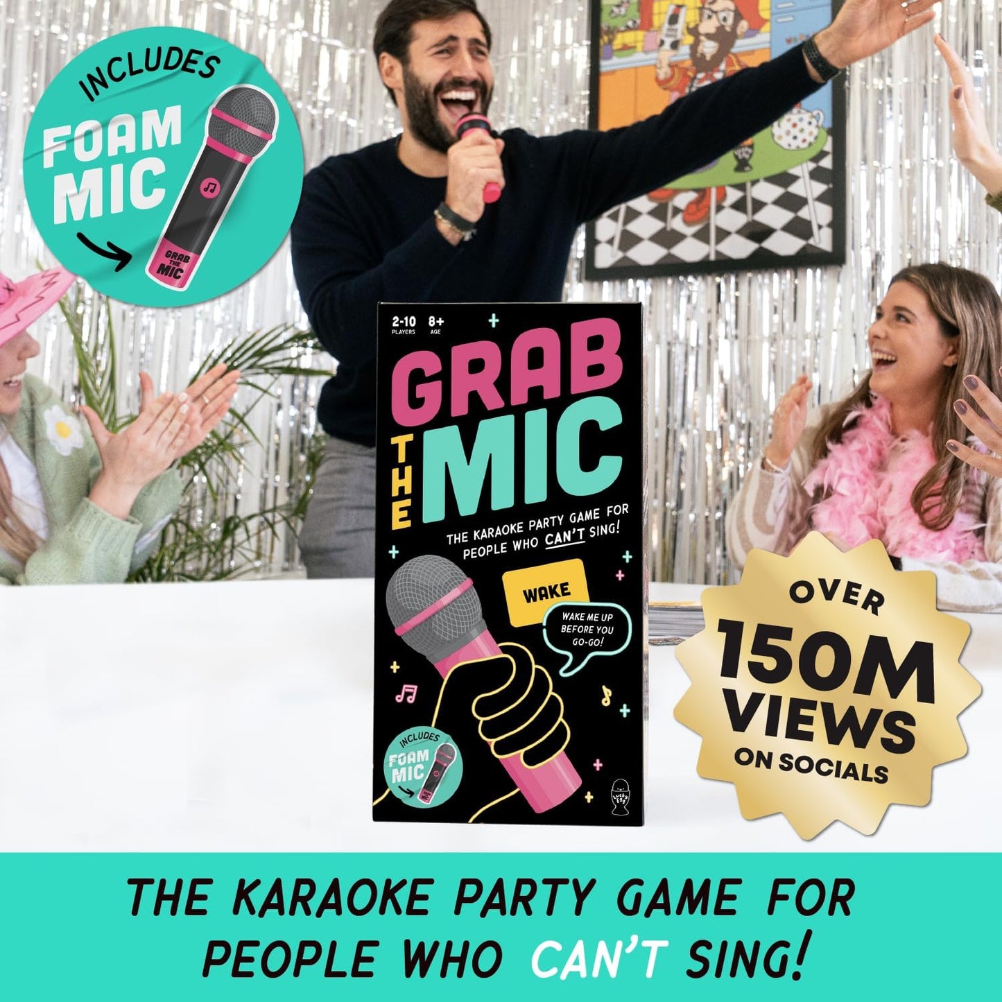 Lucky Egg Official Grab the Mic – Family Karaoke Game, 8+ Year Olds, 2-10 Players - Board Game for Bad Singers with 250 Lyrics (125 Cards) for Hilarious Nights & Birthday Party, Kids Gift