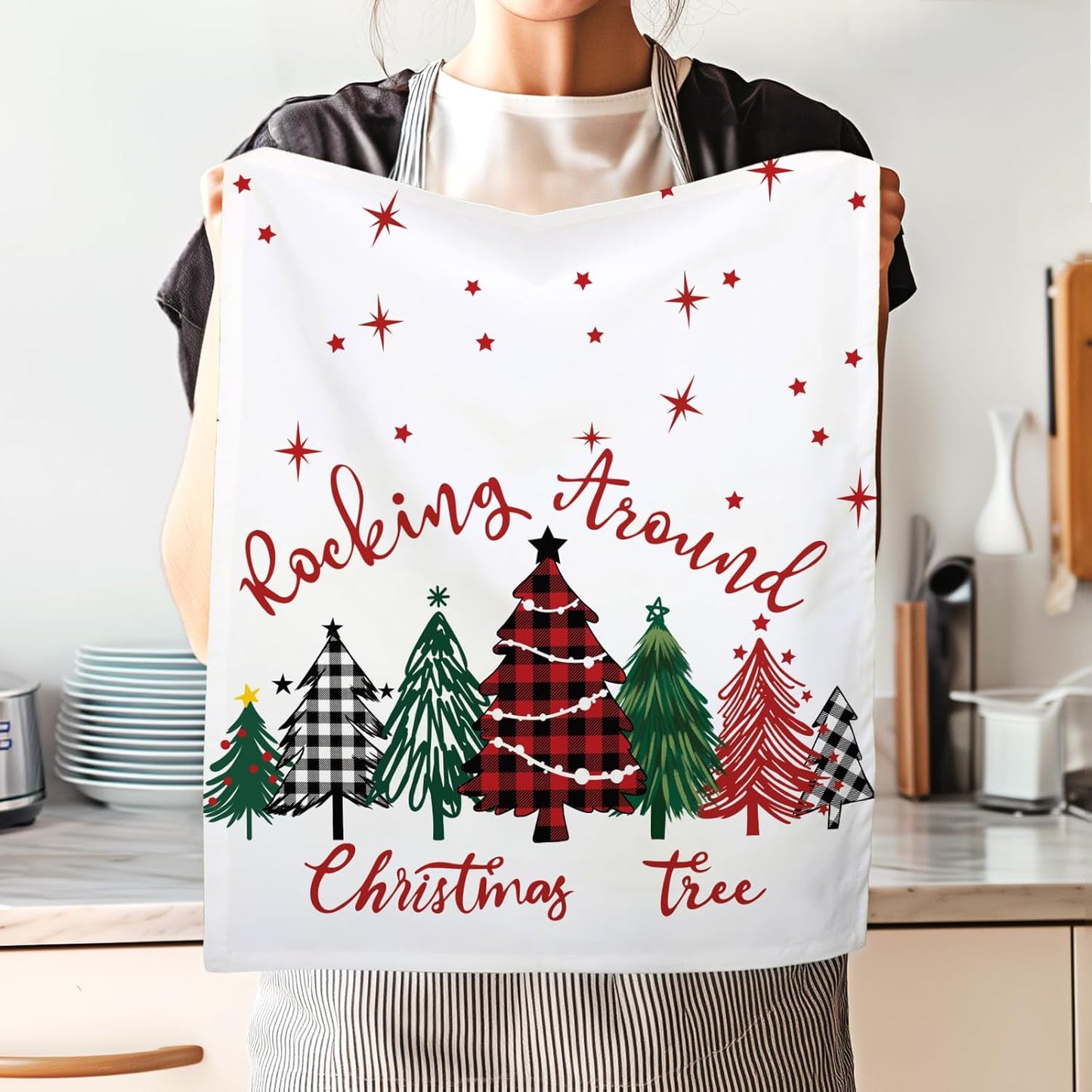 Arquiel 4 Pcs Snowman Kitchen Towel 100% Cotton Winter Absorbent Dish Towel 70 x 48 cm Housewarming Christmas Tree Decorative Hand Towel for Dining Home