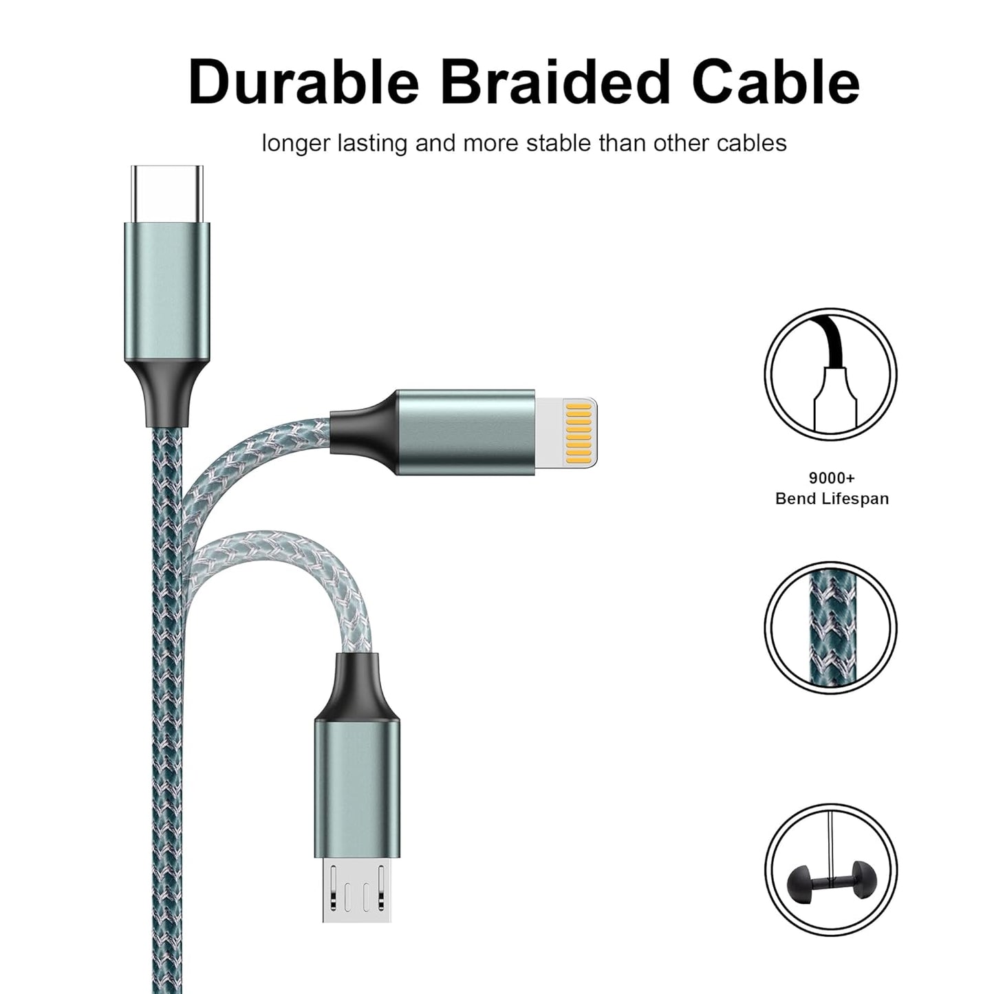 Multi Charger Cable, 4 in 1 Charger Cable [1.2M] Multiple USB Cable Nylon Braided with Micro USB Type C Lightning Cable Connector for iPhone, Android Galaxy, Huawei, Nexus, Nokia,LG, Sony, PS4-Green