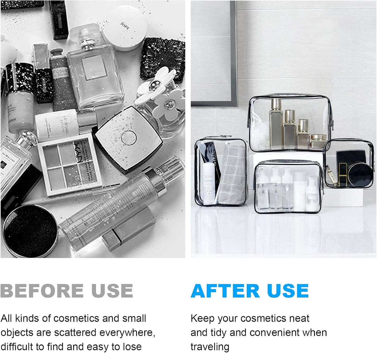 Aucuu 4-Pack Clear Wash & Makeup Bags TSA Approved Makeup Bags, PVC Waterproof Travel Wash Bags for Family, Men, Women (Largea, Medium, Small, Minimum)