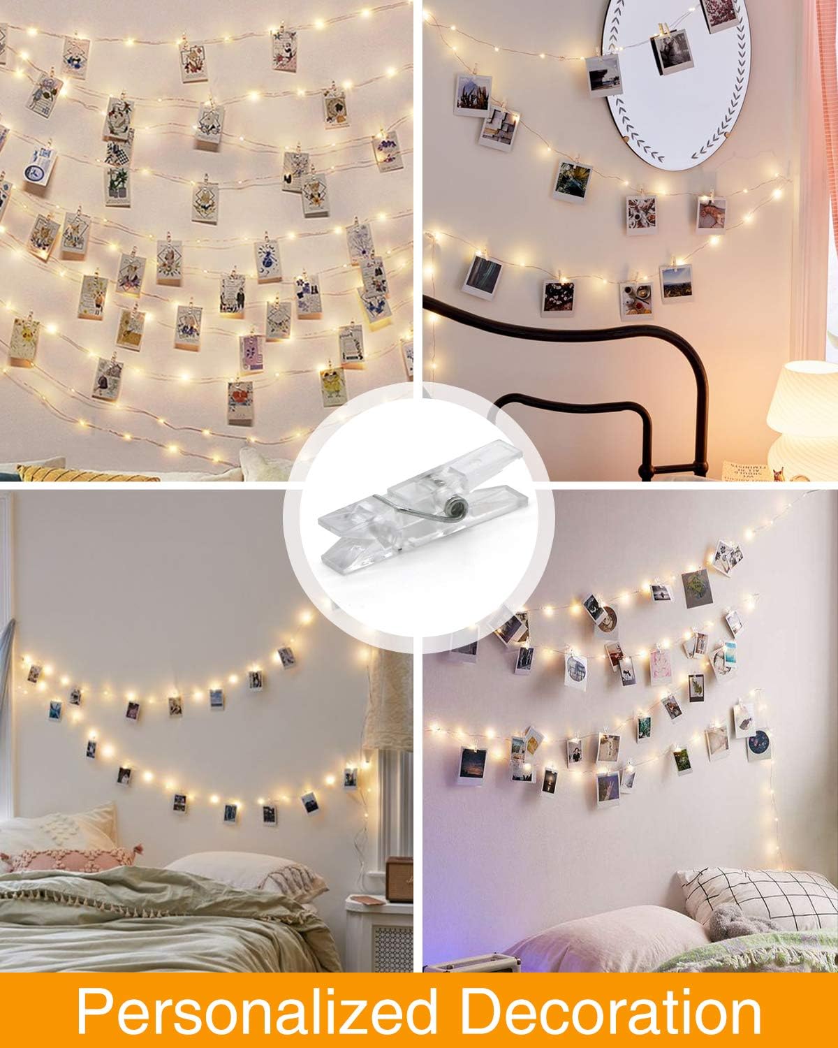Kolpop 50LED Photo Clip String Lights, 5M Photo Peg Fairy Lights Indoor with 30 Clips Battery Powered Cooper Wire Hanging String Photo Display for Bedroom Birthday Wedding Party Christmas Decorations