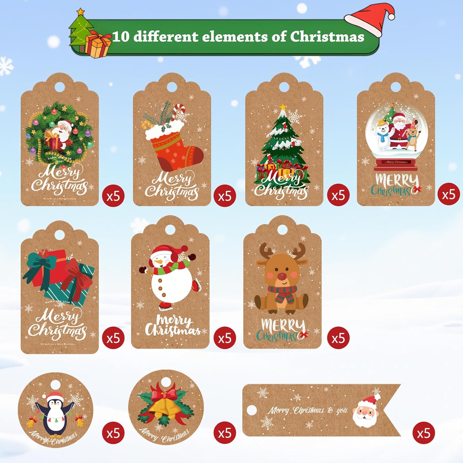 AUXHCYL 50 Pcs Christmas Tags for Present, 10 Styles Christmas Labels with Holes, Hanging Xmas Gift Tags with String for Decorating Christmas Trees or Gift Packaging