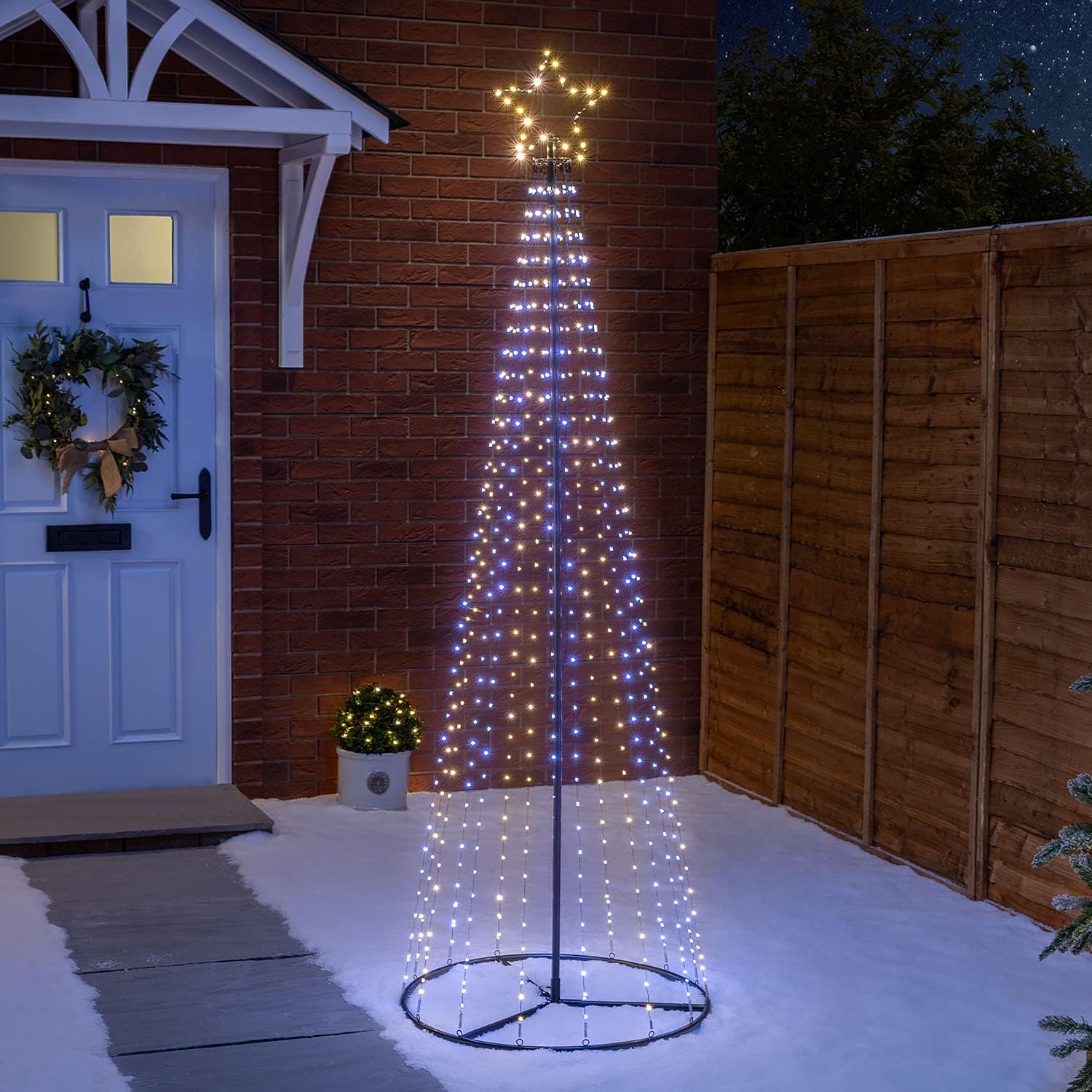 Christow Maypole Christmas Tree, Light Up Outdoor Decoration, Flashing White and Warm White Micro LED Pyramid Light, Mains Operated (2.1m)