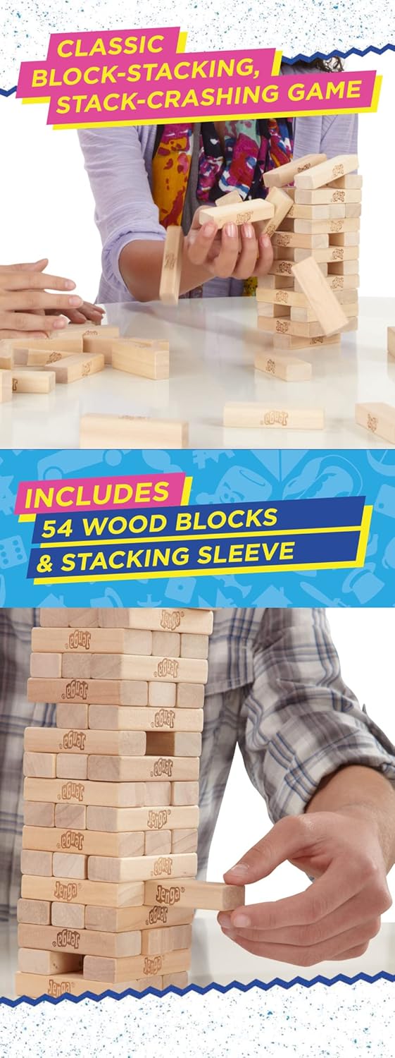 Hasbro Gaming Jenga Family Game, Outdoor Games for Kids, Classic Strategy Stacking Game for 1+ Players, Fun for Parties, Travel, and Ages 6+
