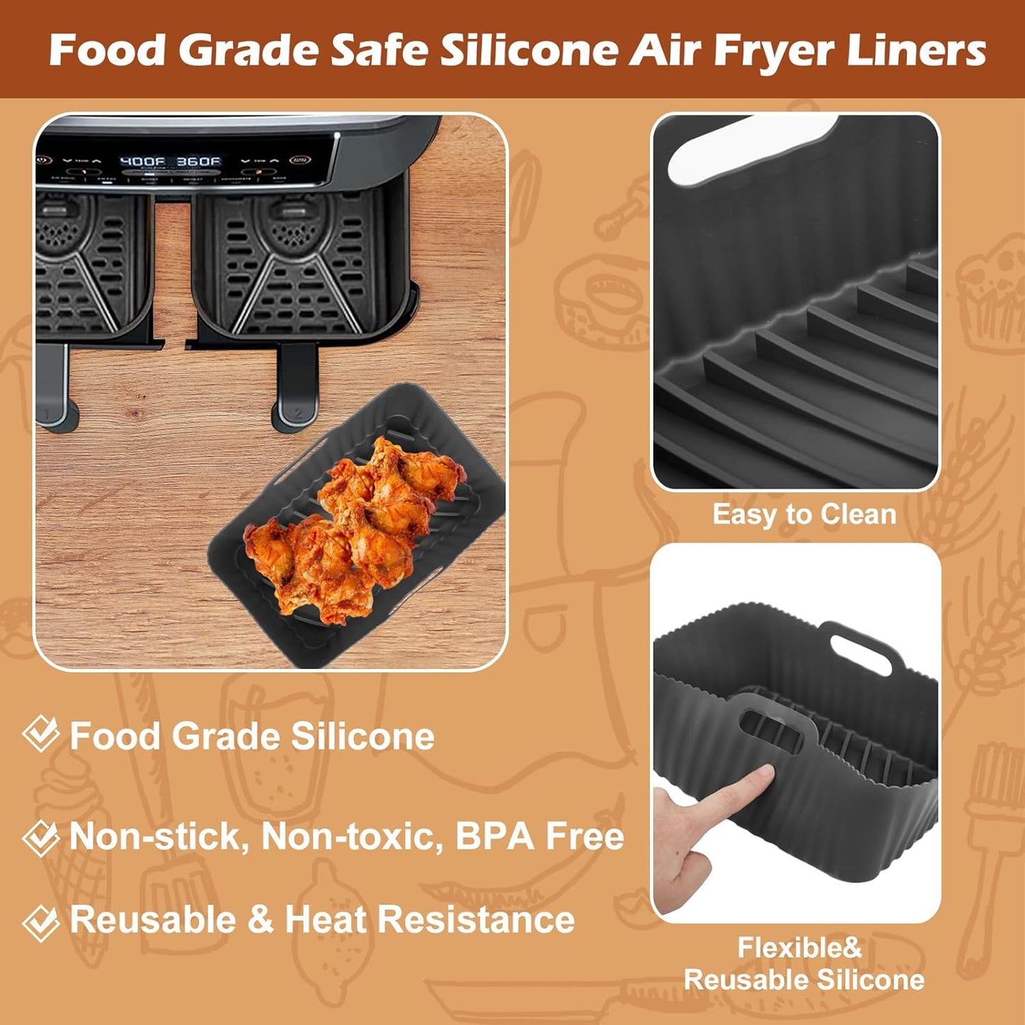 Silicone Air Fryer Liners for Ninja Foodi Air Fryer AF300UK, 2Pcs Ninja Foodi Dual Zone Air Fryer Accessories, Reusable Silicone Dual Basket Air Fryer Liner 7.6L