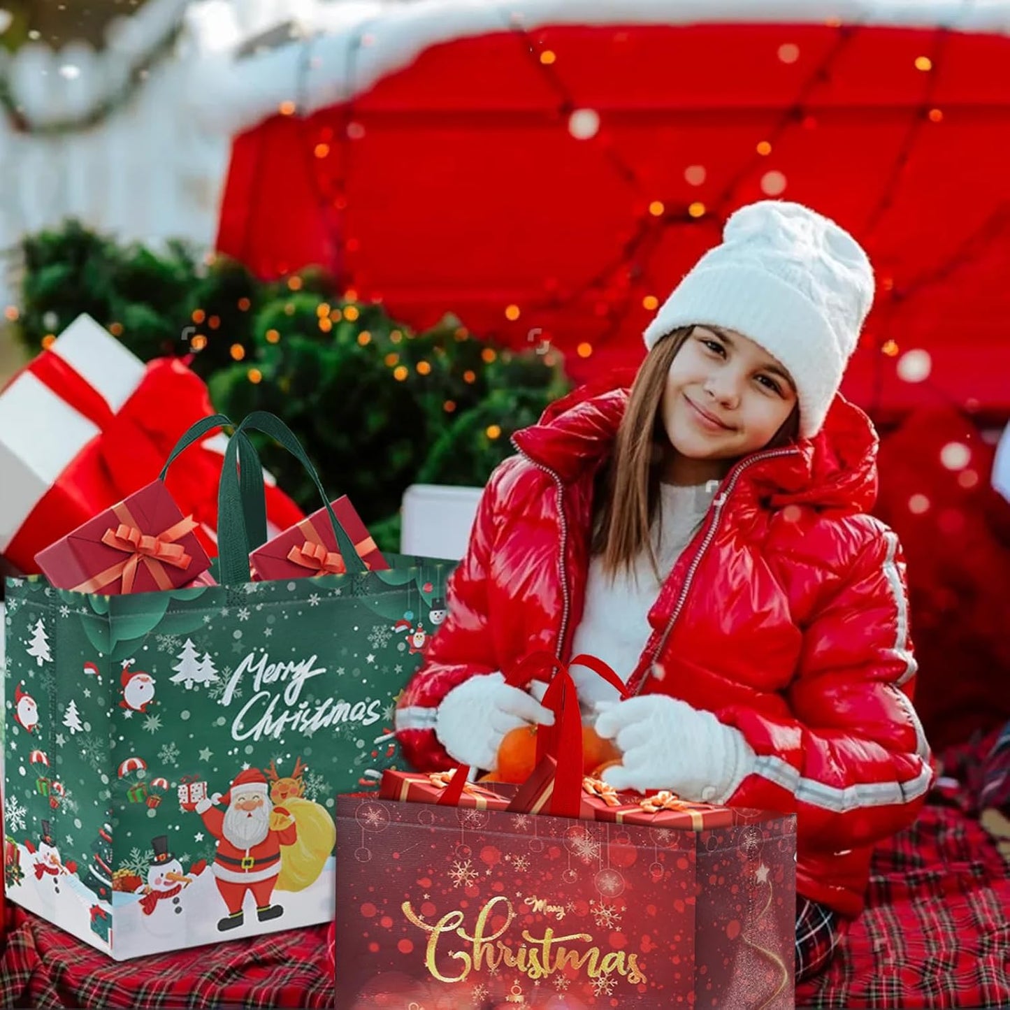 AhfuLife Extra Large Christmas Bags for Gift, 4pcs Reusable Christmas Tote Bags with Handles, Multipack Non-woven Christmas Treat Shopping Bags, Xmas Gift Party Favor Bags Decoration, 40 x 36 x 15cm